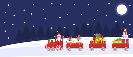 lindo hermoso personaje de santa claus y reno con traje de navidad y en el tren de navidad con cajas de regalo en el fondo de la noche en el campo de nieve vector