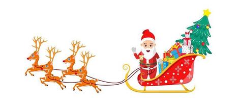 Beautiful Santa Clause character standing and  sleigh running with reindeer on white background with full of gift boxes vector