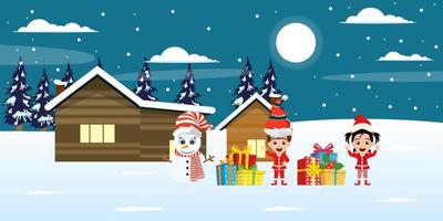 Cute beautiful kid boy and snowman characters standing on snow field on front of houses night background with moon trees night sky snow falling with gift boxes and waving vector