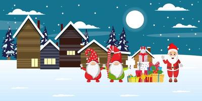 Cute beautiful Santa Clause characters standing on snow field on front of houses night background with moon trees night sky snow falling with gift boxes and waving vector