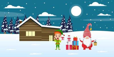 lindo niño hermoso niño y santa claus personajes de pie en el campo de nieve en el frente de las casas fondo nocturno con luna árboles cielo nocturno nieve cayendo con cajas de regalo y saludando vector