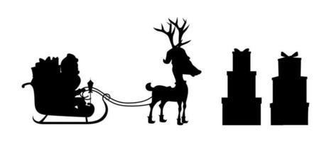 Cute beautiful Santa Clause sleigh standing with reindeer with gift boxes Silhouette vector