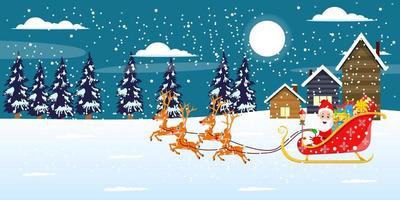 Beautiful Santa Clause sleigh running with reindeer on snow field night background with moon trees night sky snow falling with gift boxes isolated vector