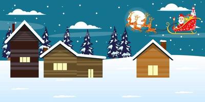 lindo y hermoso personaje de santa claus volando en el cielo en las casas con trineo con renos con cajas de regalo fondo nocturno con árboles nieve cayendo con luna vector