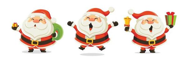 Set of cartoon Santa Claus. Happy Santa carrying Christmas gift bag, holding bell and Christmas present, jumping excitedly with open arm. Funny and cute character Santa Claus for Christmas event vector