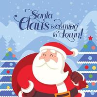 Merry Christmas greeting lettering. Flat design Santa Claus in Christmas snow scene vector