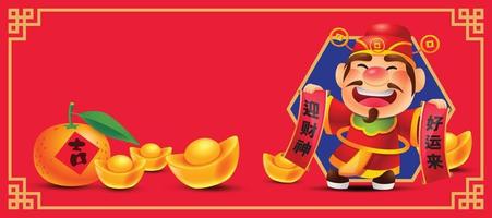 Chinese New Year 2022 theme with blank space for greeting text. Cartoon god of wealth holds chinese scroll with some gold ingots and tangerines on ground in red background. Character vector