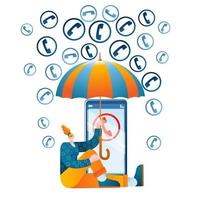 A girl with an umbrella protects her mobile phone from spam calls. vector