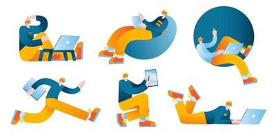 A character working on a computer or tablet in various poses. vector