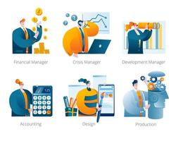 Characters in business suits or casual clothes perform various business tasks. vector