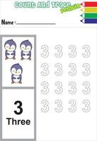 number trace and color penguin. cute animal. cartoon animal. vector