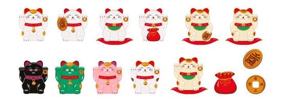 A set of Japanese cats Maneki Neko for good luck, money, well-being with raised paws,  koban cuff,  bag of gold. vector