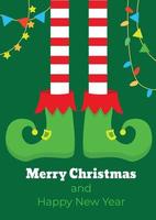Christmas card with elf legs in striped stockings. Vector illustration.