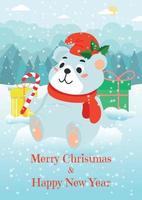 Christmas card with a white bear in a hat and a candy on the edge of the forest. Vector illustration.
