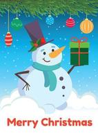 Christmas card with a happy snowman in a tall hat. Vector illustration.