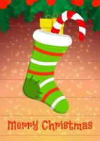 A holiday card with a Christmas sock and gifts. Vector illustration.