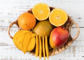 tropical fruit in a basket flat lay top view photo