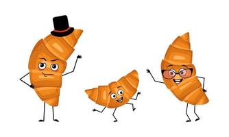 Family of croissant characters with joyful emotions, smile face, happy eyes, arms and legs. Mom is happy, dad is wearing hat and child is dancing. Vector flat illustration