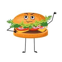 Cute character hamburger with emotions of a hero, a brave face, arms and legs. Cheerful fast food person, sandwich with courage expression. Vector flat illustration of products and meat meals