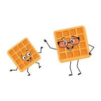 Cute character belgian waffle with happy emotions, face, smile, eyes, arms and legs. Cheerful baking people, dessert with joyful expression. Grandmother with glasses and grandson. Vector illustration