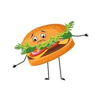 Cute character hamburger with crying and tears emotion, sad face, depressive eyes, arms and legs. Fast food person, sandwich with melancholy expression. Vector flat illustration of products