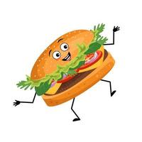 Cute character hamburger with happy emotions, face, smile, eyes, arms and legs. Cheerful fast food person, sandwich with joyful expression. Vector flat illustration of products and meat meals