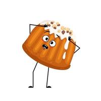 Cute glazed muffin with nut sprinkles character with emotions in panic grabs his head, surprised face, shocked eyes, arms and legs. Baking person, bun with terrified expression. Vector illustration