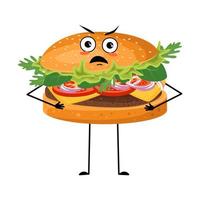 Cute character hamburger with angry emotions, grumpy face, furious eyes, arms and legs. Irritated fast food person, sandwich with furious expression. Vector flat illustration of product