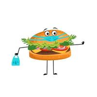 Cute character hamburger with sad emotions, face and mask keep distance, hands with shopping bag and stop gesture. Vector flat illustration of products and meat meals