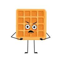 Cute character belgian waffle with angry emotions, grumpy face, furious eyes, arms and legs. Irritated baking person, dessert with furious expression. Vector flat illustration