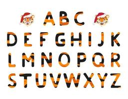 Alphabet from tiger pattern and muzzle of animal predator in Santa hat. Festive orange font with black stripes or decoration for happy New Year and Christmas, sign and letters of different shapes vector