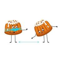 Cute glazed muffin with nut sprinkles character with sad emotions, face and mask keep distance, arms and legs. Baking person, bun with depression expression. Vector flat illustration