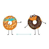 Lindo personaje de donut glaseado con emociones tristes, cara y máscara mantienen distancia, brazos y piernas. hombre alegre para hornear postre con expresión de depresión. vector ilustración plana