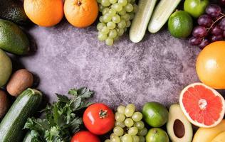 Fresh vegetables and fruit top view with copy space photo