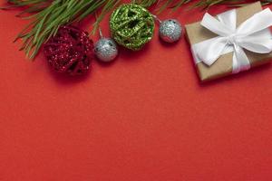 Top view Christmas composition. Christmas background, layout. With copy space with Christmas items. Flat layout photo