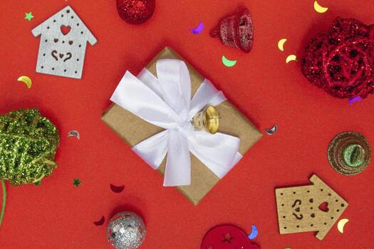 Top view Christmas composition. Christmas background, layout. With copy space with Christmas items. Flat layout photo