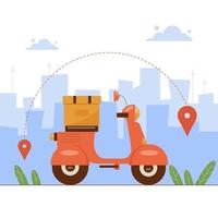 Urban food or goods delivery service on electric bike. Red scooter with parcel or package on board. Online order shipping concept with map location markers on city background. Vector illustration.