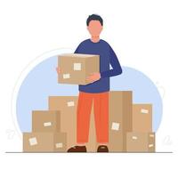 Goods express delivery concept. Boy courier holding in hands cardboard box. Young man representing shipping service with parcels and packages on background. Vector illustration in flat style.