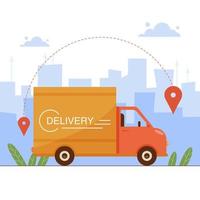Delivery truck and map location markers on city background. Cargo transport services, logistics and freight of goods concept. Commercial vehicle vector illustration in flat style.