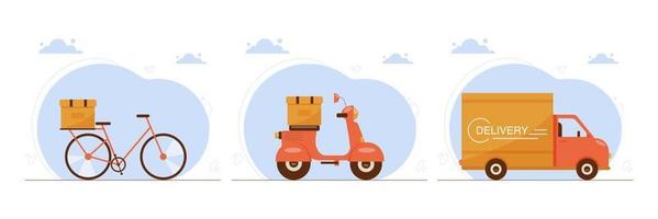 concepto de servicio de entrega. conjunto de mensajería de bicicleta, scooter y camión. transporte exprés de mercancías y alimentos. ilustración vectorial en estilo plano. vector