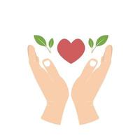 Hands holds red heart and green leaves. The concept of caring for and protecting nature. Isolated on a white background. Vector illustration.