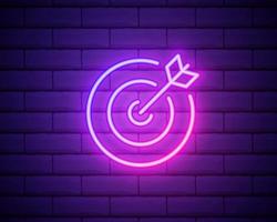 Neon signboard arrow target. concept goal, success. Bright night signboard on brick wall sign. Vector illustration realistic neon icon