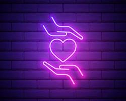 Hands holding heart neon sign. Medicine and health care concept. Advertisement design. Night bright neon sign, colorful billboard, light banner. Vector illustration in neon style