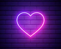 Modern Neon Purple Glowing Heart Banner on Dark Empty Grunge Brick Background. Vector Vintage Violet Heart Sign. Retro Neon Valentines Day Symbol