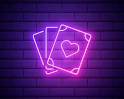 Blackjack cards neon sign element. Gambling concept for night bright advertisement. Vector illustration in neon style for online casino, playing, poker club isolated on brick wall.