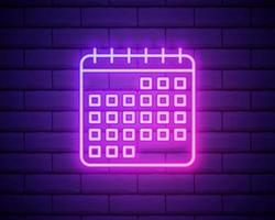 Glowing neon Calendar icon isolated on brick wall background. Vector Illustration