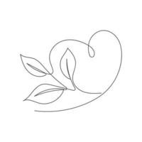 Continuous line art heart with leaves, eco symbol. Vector illustration