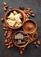 Cocoa beans, butter and chocolate photo