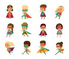 niños, superhéroes, caricatura, icono, conjunto vector