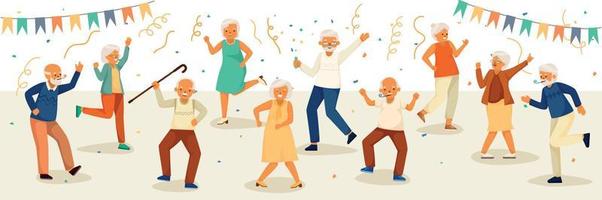 Cartoon Colored Elderly People Happy Life Composition